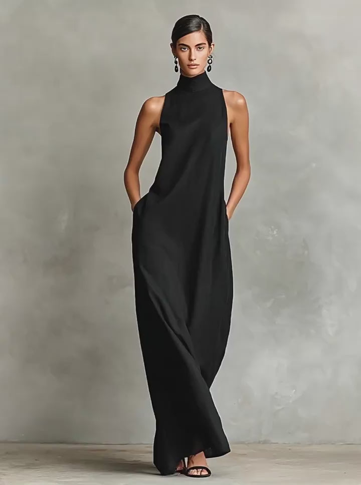 Vyla™ Effortless Linen Blend High Neck Maxi Dress With Pockets