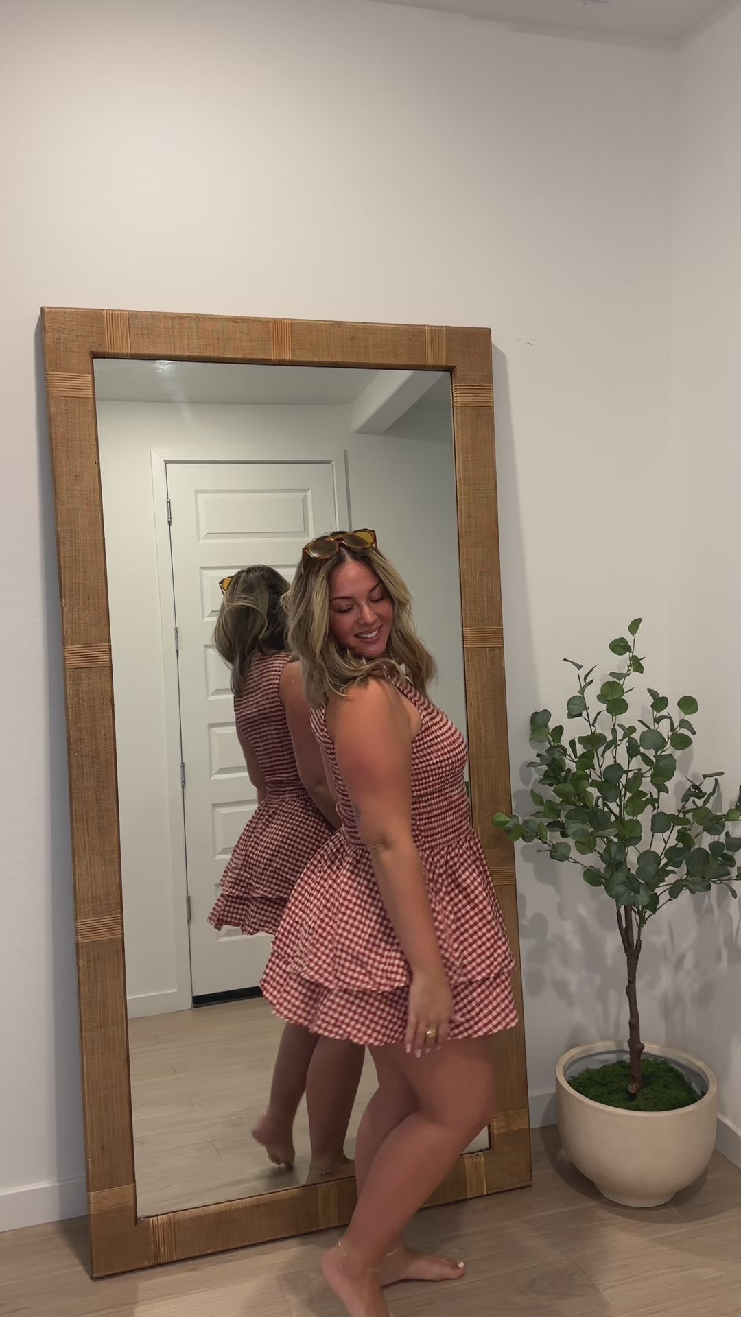 Vyla™ Smocked Gingham Sleeveless Ruffle Mini Dress