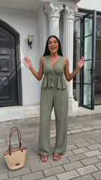 Vyla™ Striped V-Neck Peplum & Wide Leg Pants Two-Piece Set