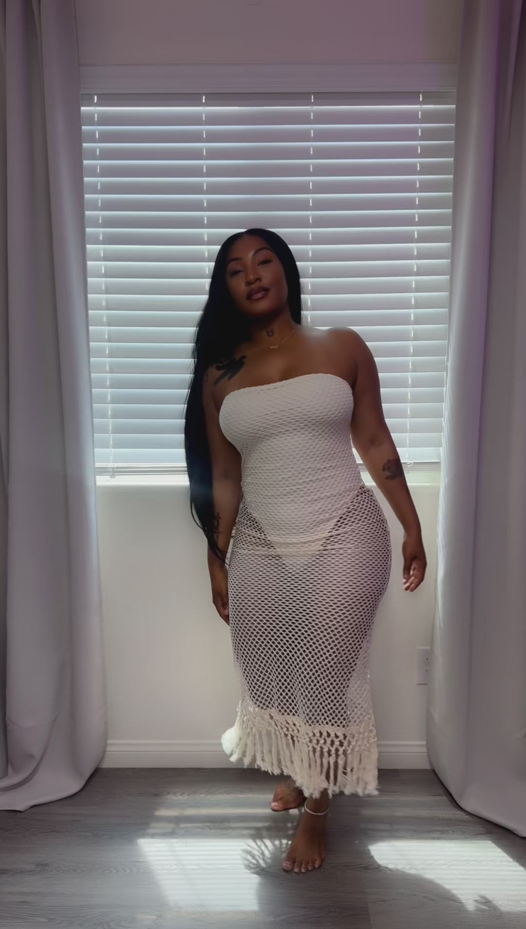 Vyla™ Strapless Crochet Hollow Out Fringe Maxi Dress Cover Up