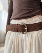 Vyla™ Vintage Brown Wide Leather Belt with Metal Buckle