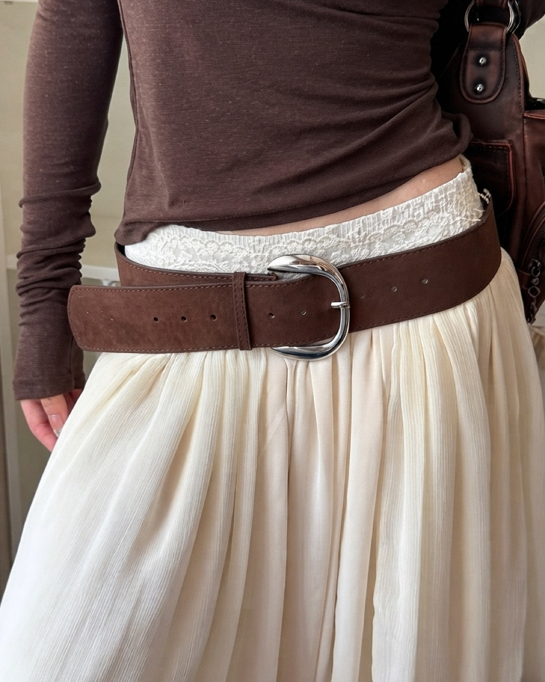 Vyla™ Vintage Brown Wide Leather Belt with Metal Buckle