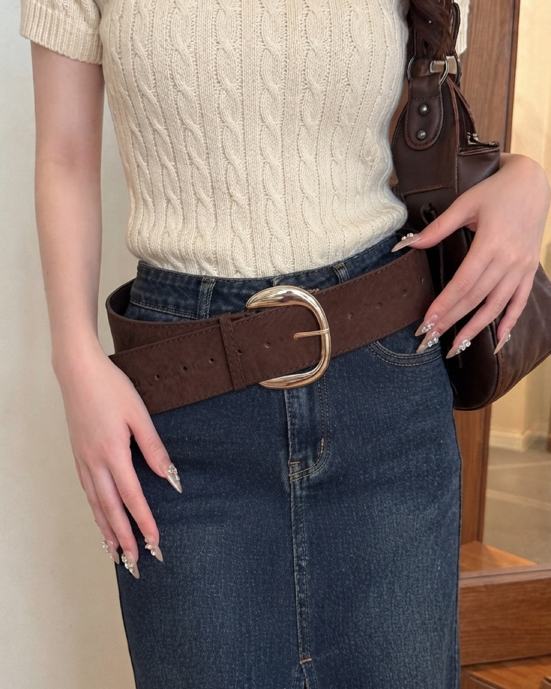 Vyla™ Vintage Brown Wide Leather Belt with Metal Buckle
