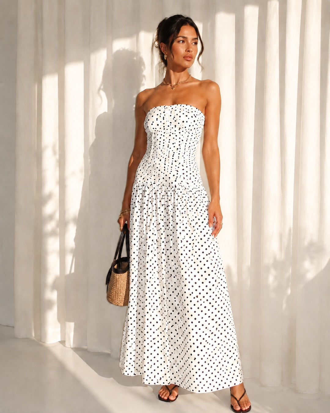 Vyla™ Vintage Polka Dot Strapless Ruffle Maxi Dress