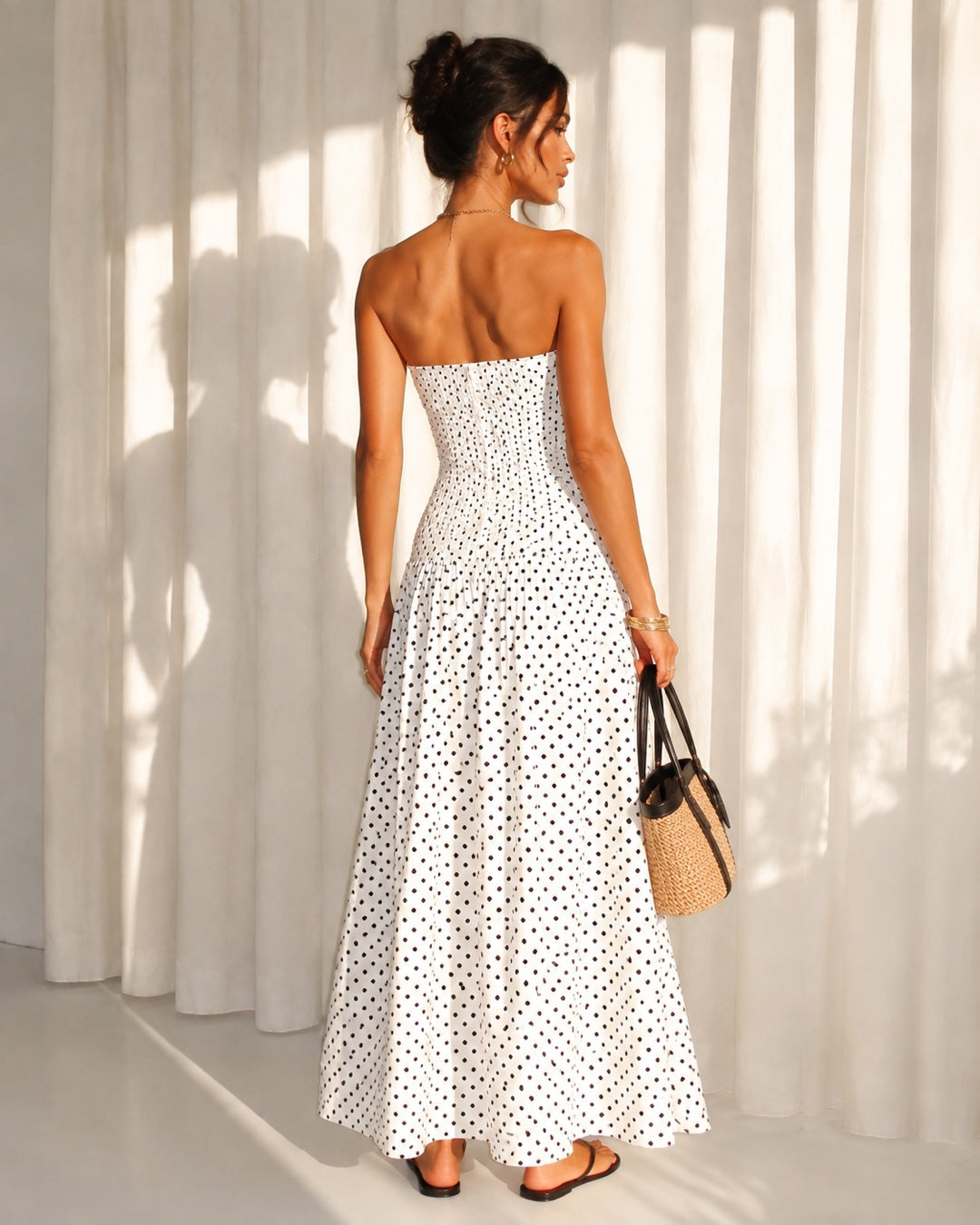Vyla™ Vintage Polka Dot Strapless Ruffle Maxi Dress