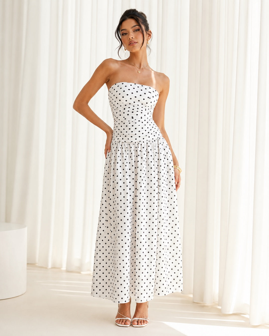 Vyla™ Vintage Polka Dot Strapless Ruffle Maxi Dress