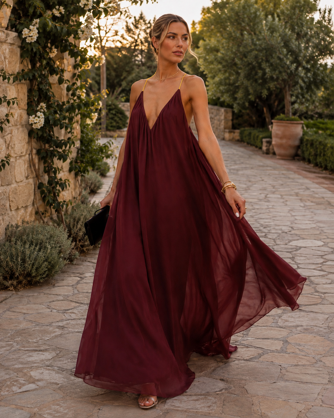 Aloveta™ Elegant V-neck Chiffon Flowy Maxi Dress