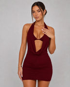 Aloveta™ Halter Cowl Neck Ruched Bodycon Mini Dress