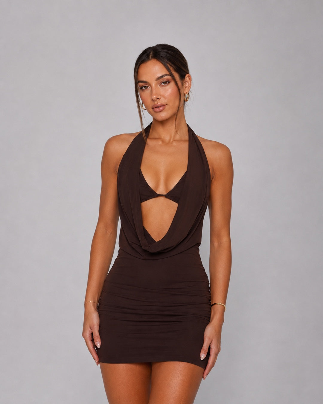 Aloveta™ Halter Cowl Neck Ruched Bodycon Mini Dress