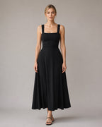 Aloveta™ Wide Strap Back Tie A-Line Midi Dress