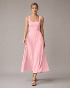 Aloveta™ Wide Strap Back Tie A-Line Midi Dress