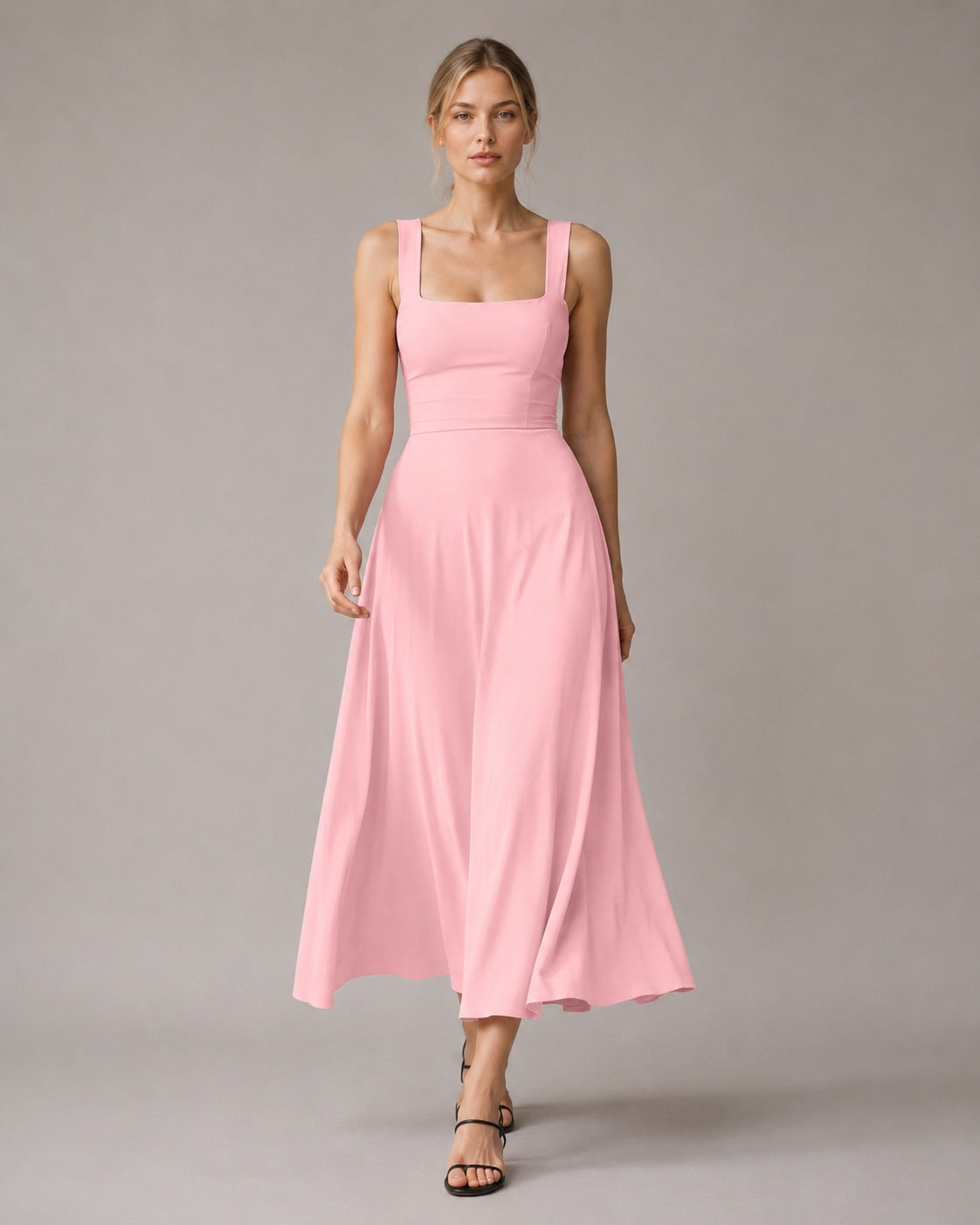 Aloveta™ Wide Strap Back Tie A-Line Midi Dress