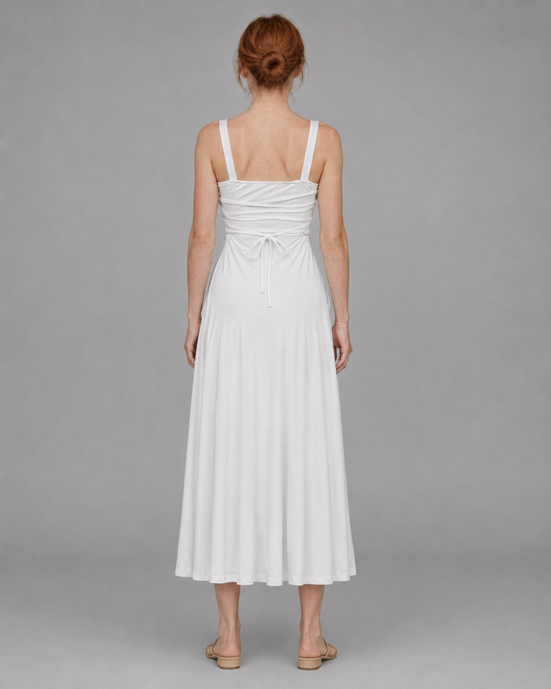 Aloveta™ Wide Strap Back Tie A-Line Midi Dress