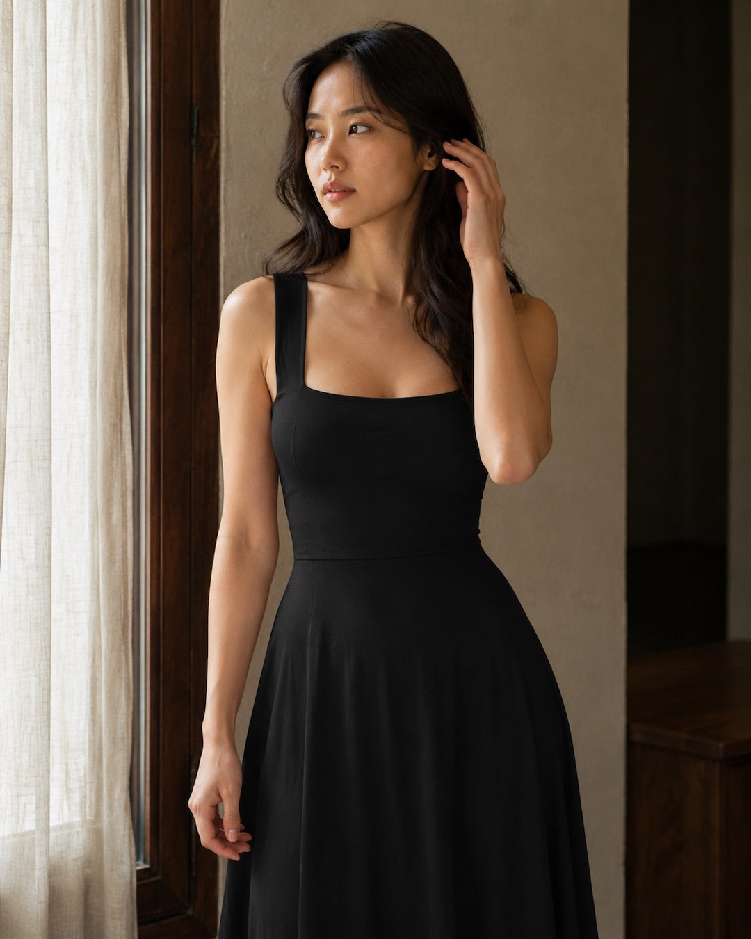 Aloveta™ Wide Strap Back Tie A-Line Midi Dress