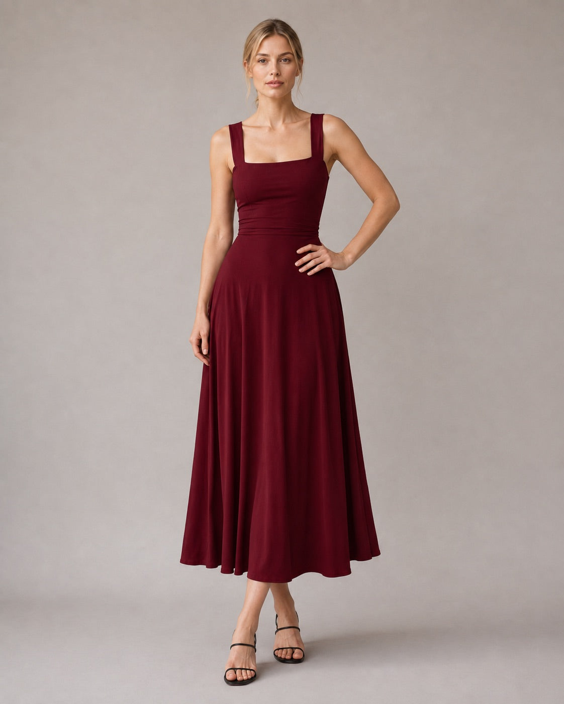 Aloveta™ Wide Strap Back Tie A-Line Midi Dress