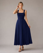 Aloveta™ Wide Strap Back Tie A-Line Midi Dress