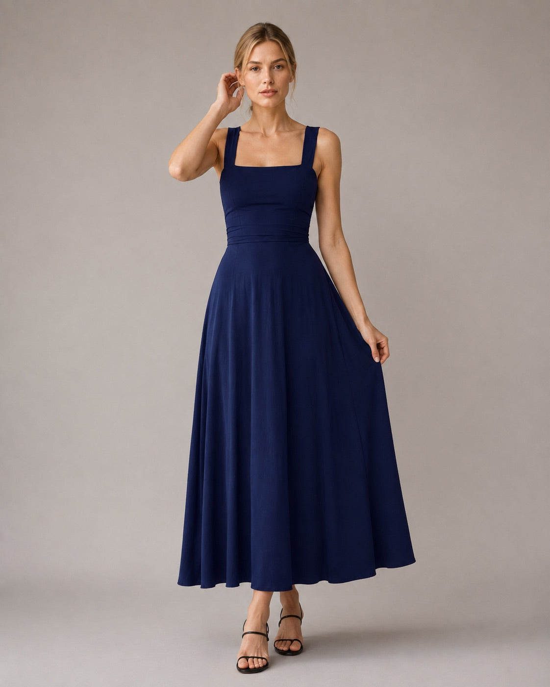 Aloveta™ Wide Strap Back Tie A-Line Midi Dress