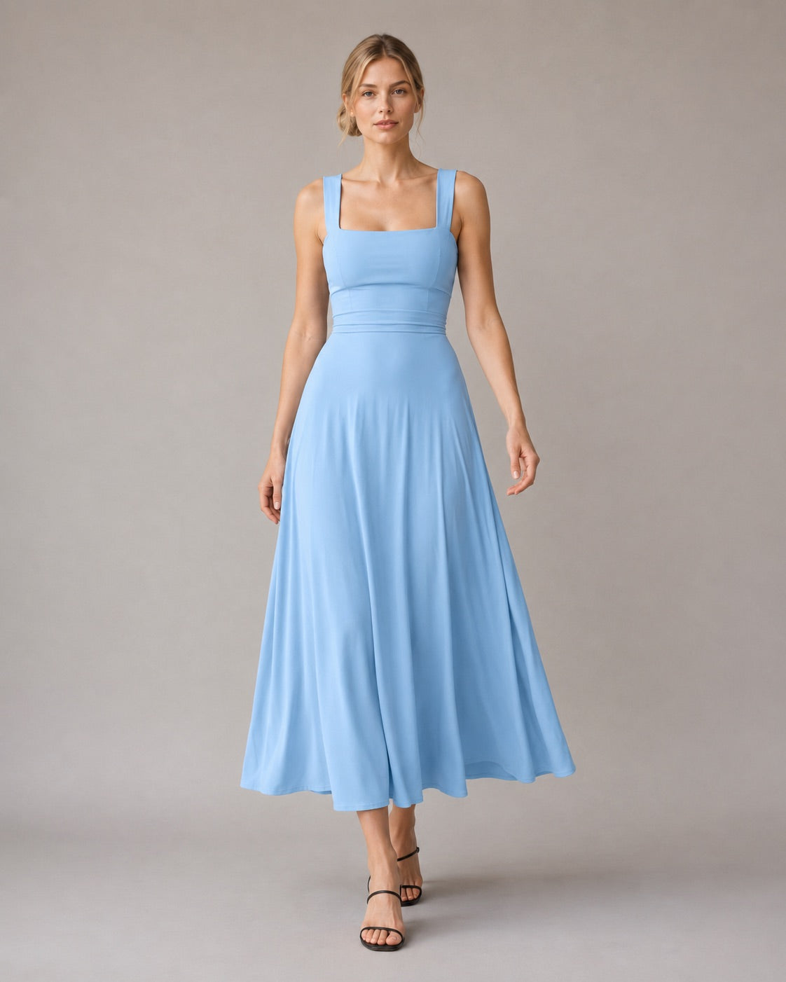 Aloveta™ Wide Strap Back Tie A-Line Midi Dress