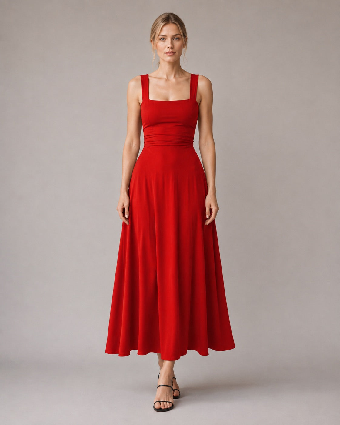 Aloveta™ Wide Strap Back Tie A-Line Midi Dress
