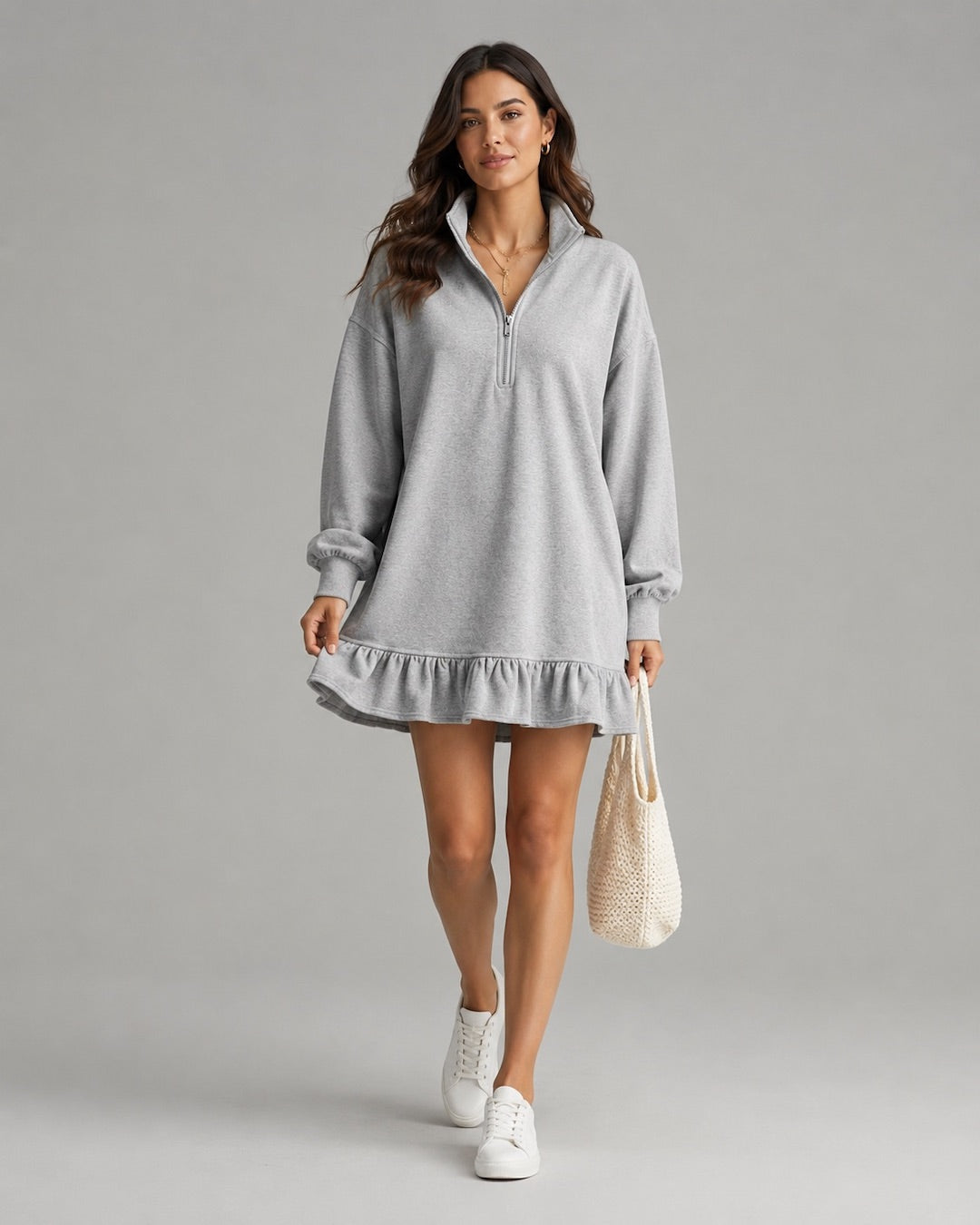 Vyla™ Half-Zip Stand Collar Casual Mini Dress