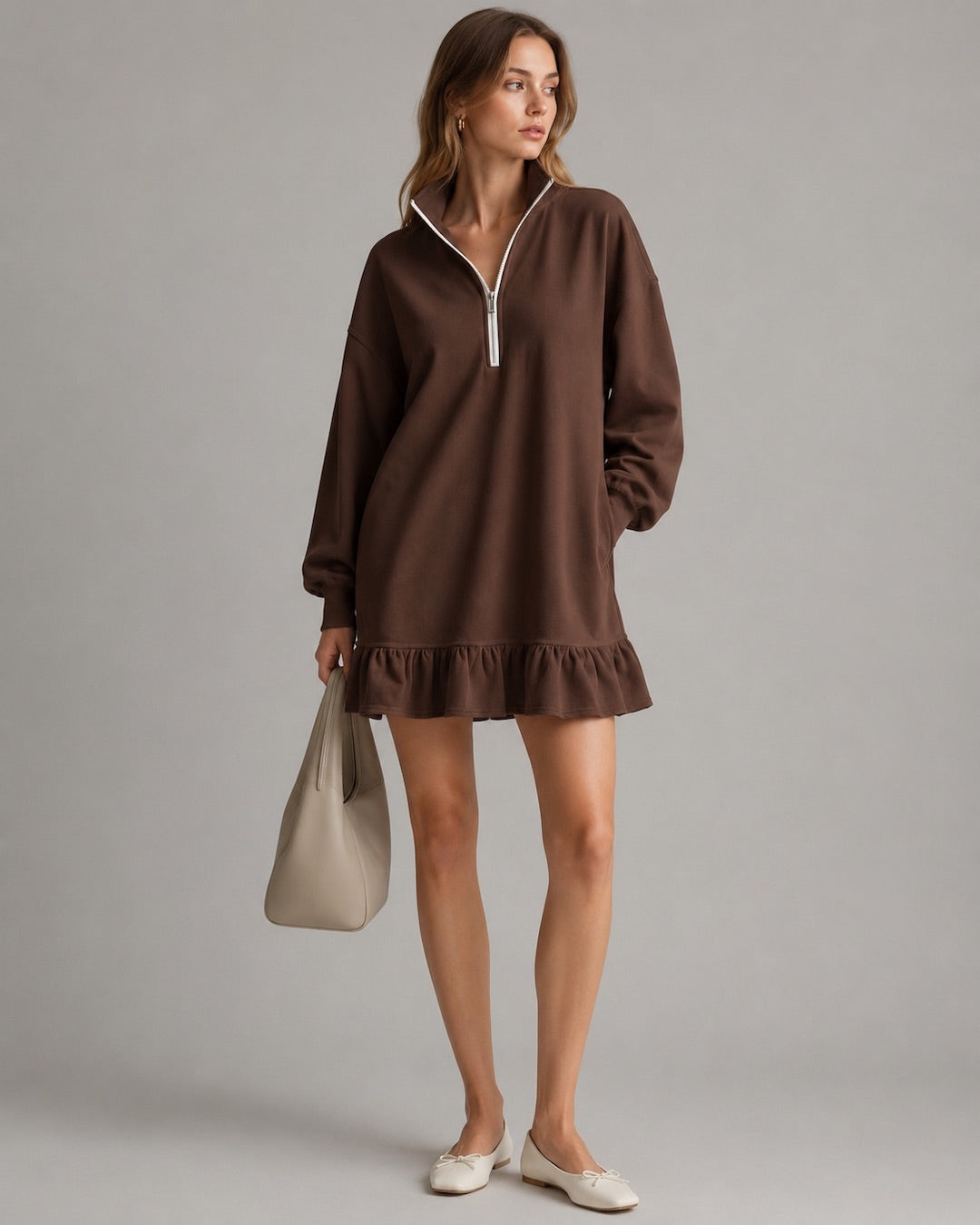 Vyla™ Half-Zip Stand Collar Casual Mini Dress