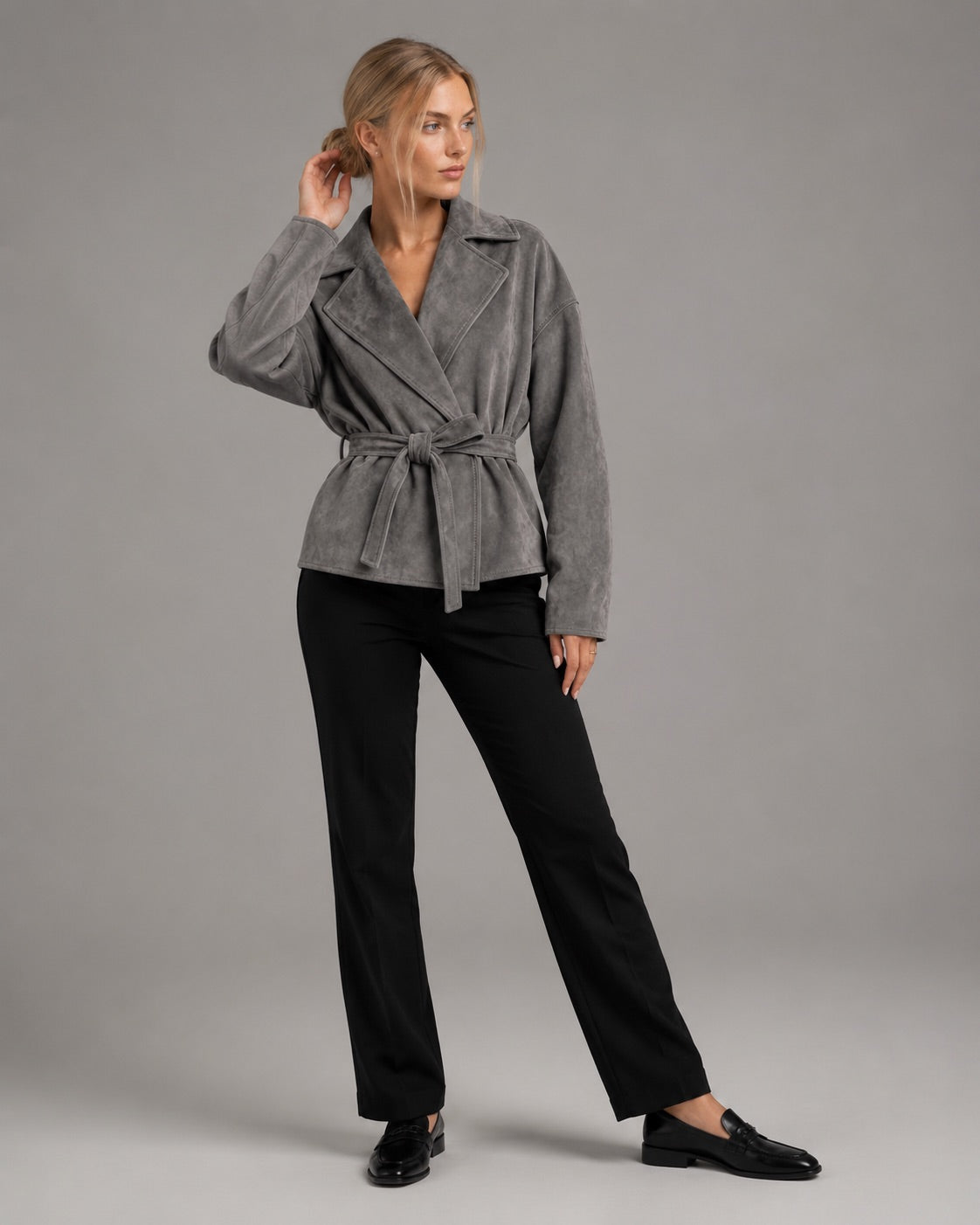 Vyla™ Lapel Faux Suede Belted Short Jacket