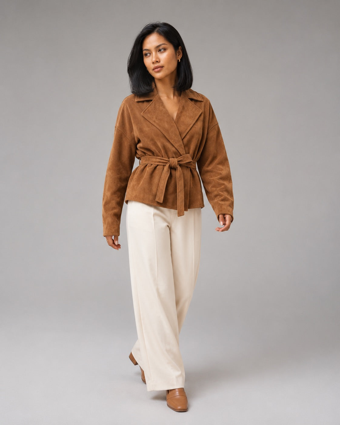 Vyla™ Lapel Faux Suede Belted Short Jacket