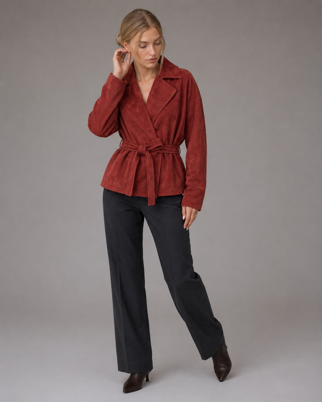Vyla™ Lapel Faux Suede Belted Short Jacket