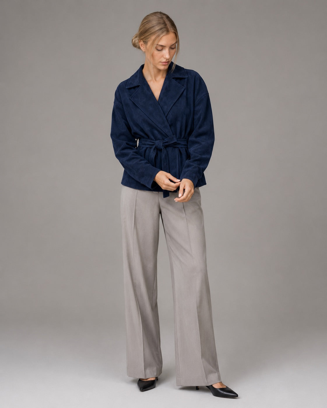 Vyla™ Lapel Faux Suede Belted Short Jacket