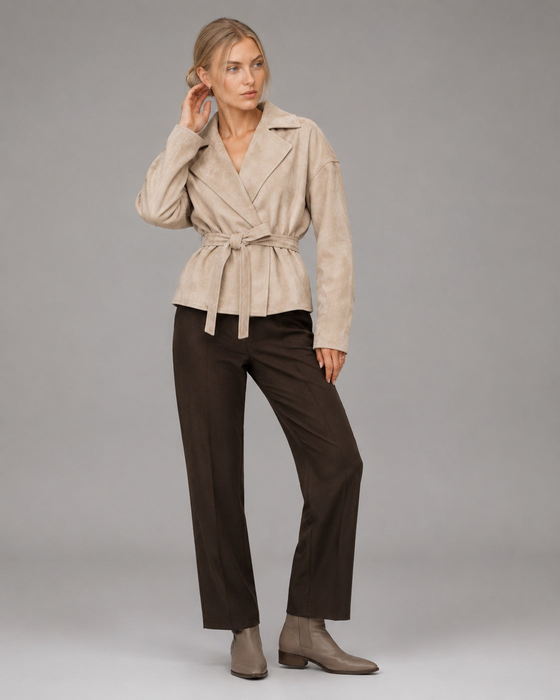 Vyla™ Lapel Faux Suede Belted Short Jacket