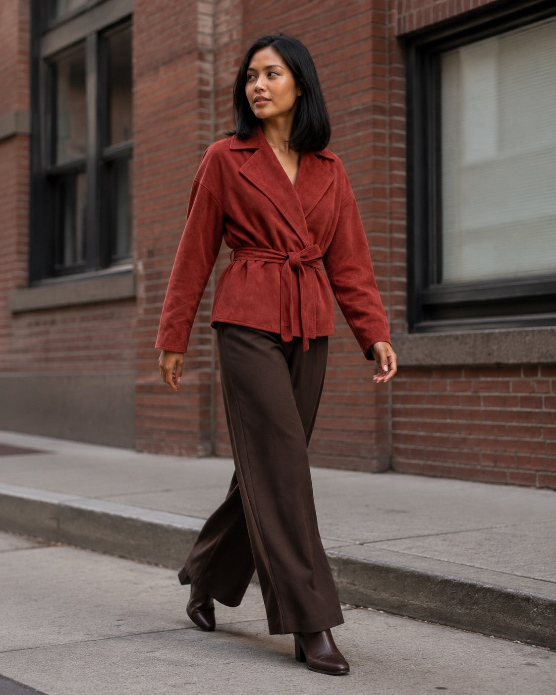 Vyla™ Lapel Faux Suede Belted Short Jacket