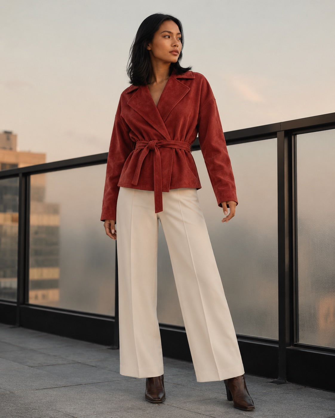 Vyla™ Lapel Faux Suede Belted Short Jacket