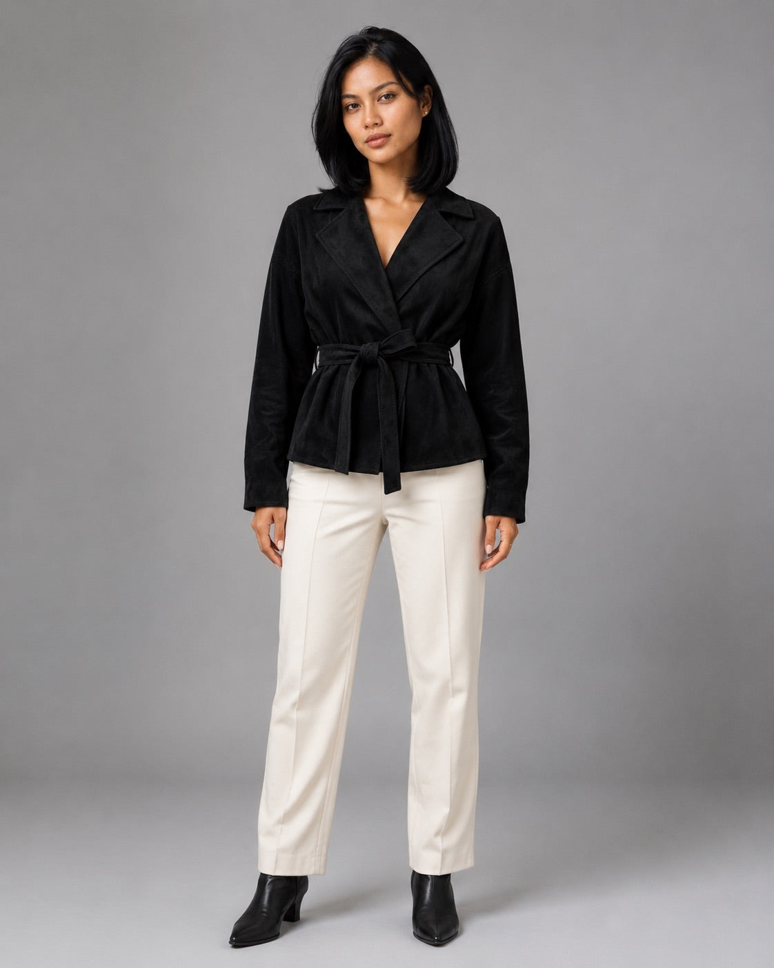 Vyla™ Lapel Faux Suede Belted Short Jacket