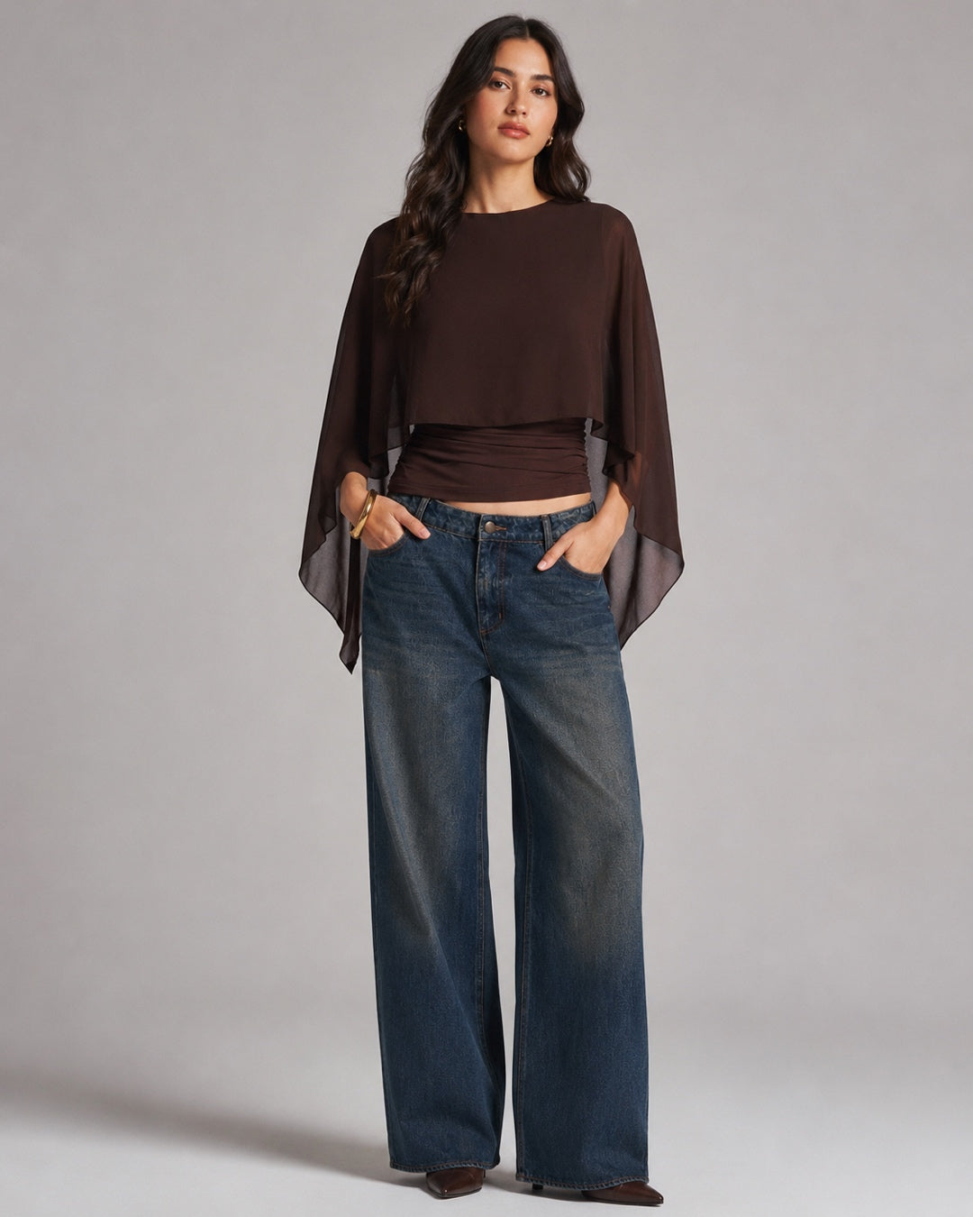 Vyla™ Elegant Poncho Sleeve Sheer Top