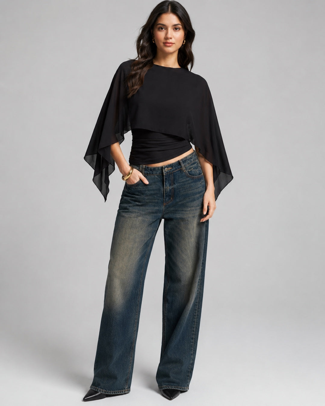 Vyla™ Elegant Poncho Sleeve Sheer Top