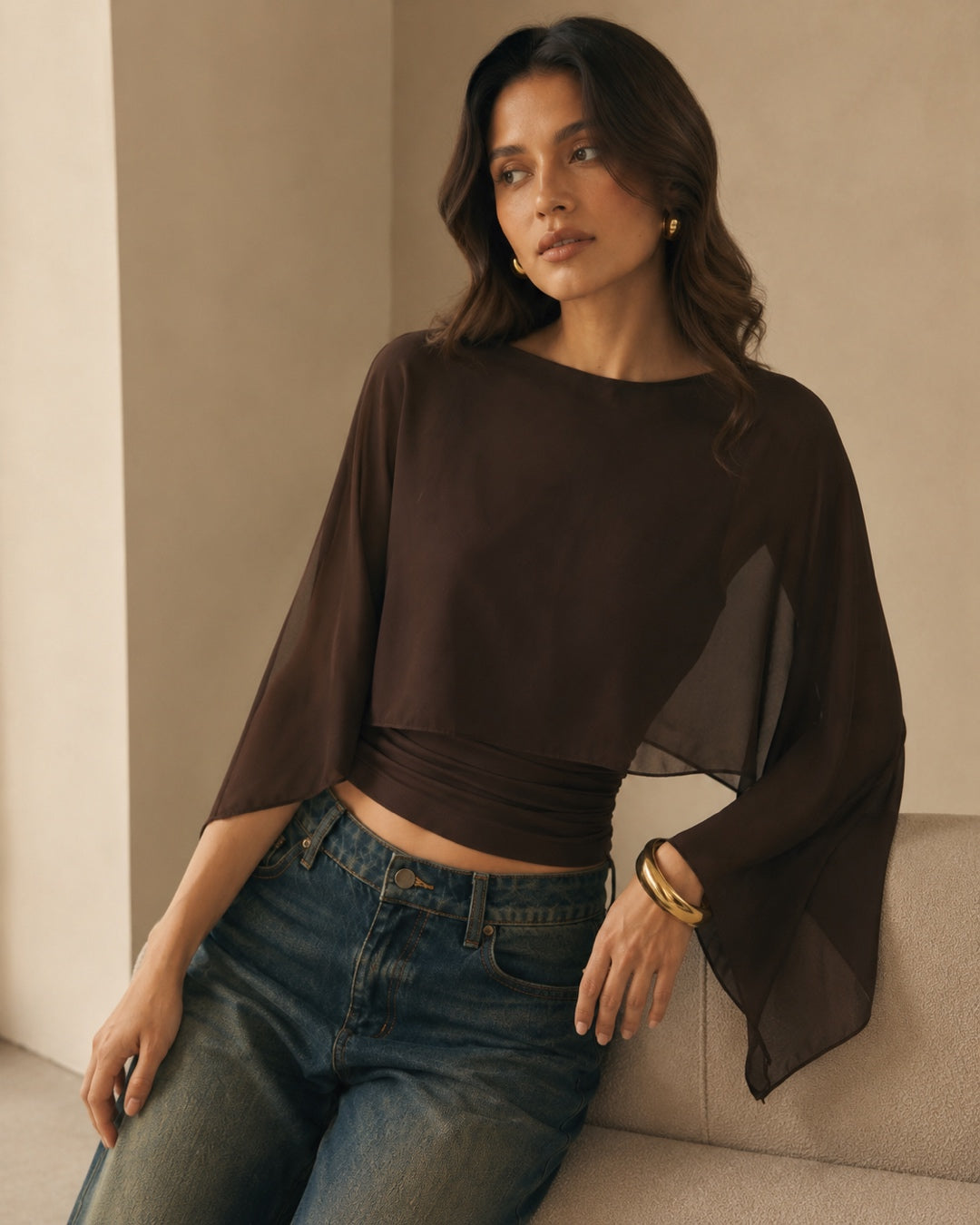 Vyla™ Elegant Poncho Sleeve Sheer Top