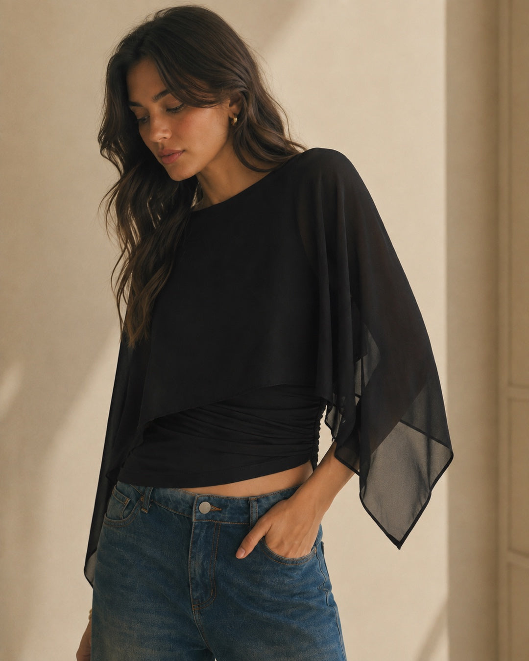 Vyla™ Elegant Poncho Sleeve Sheer Top