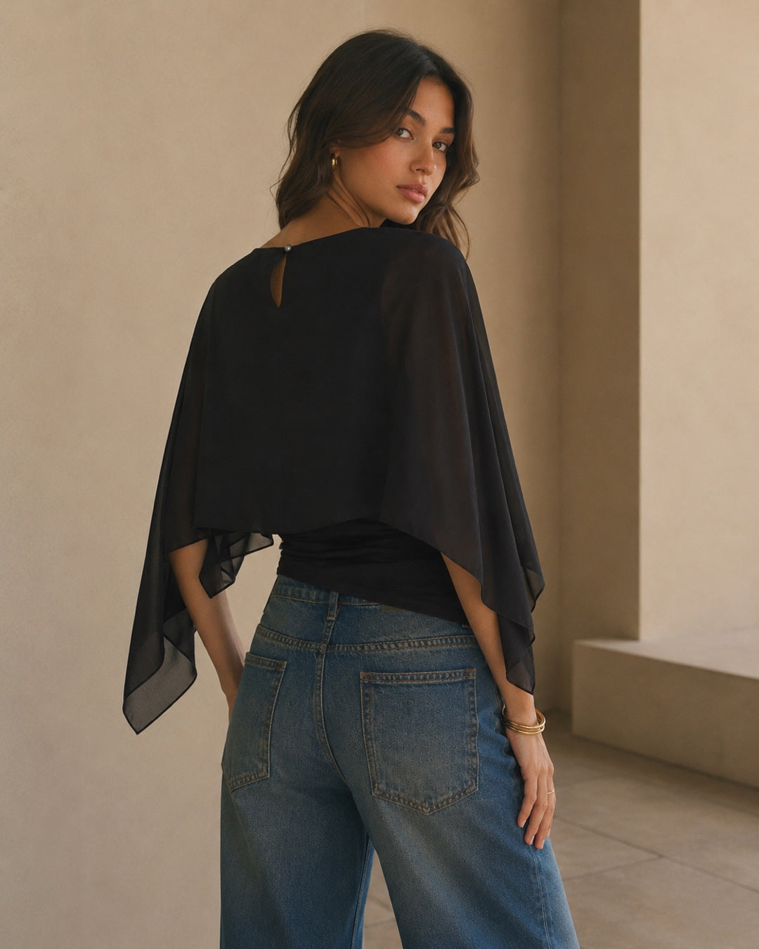 Vyla™ Elegant Poncho Sleeve Sheer Top