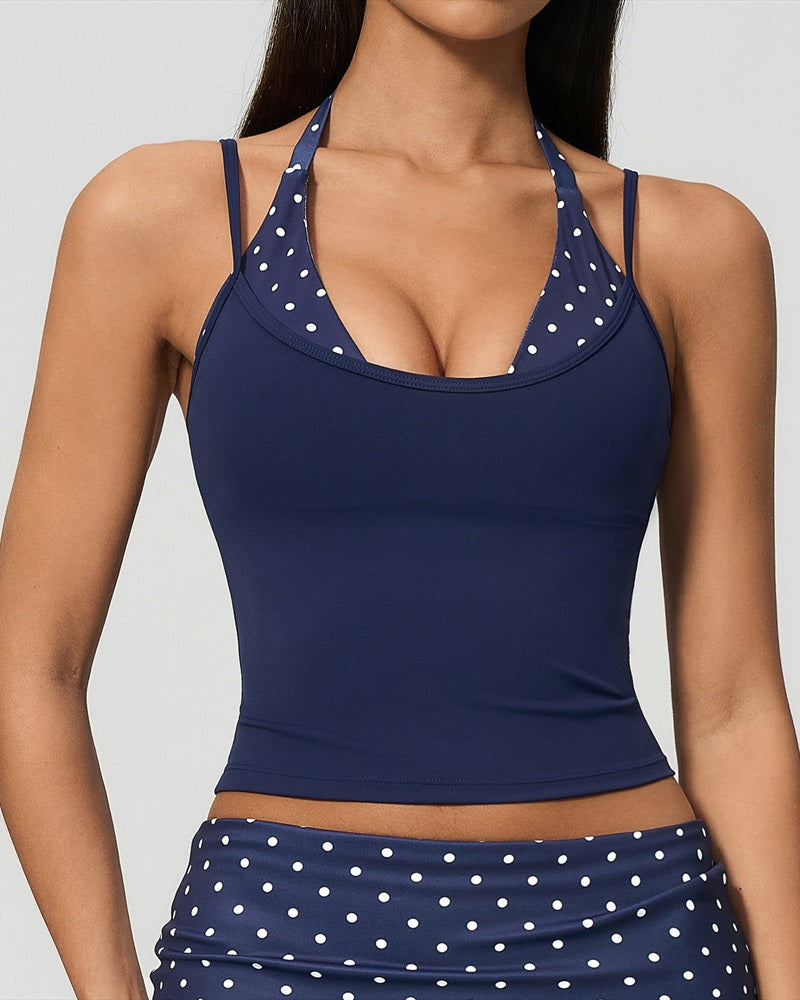 Vyla™ Contrast Polka Dot Halter Sculpting Yoga Tank