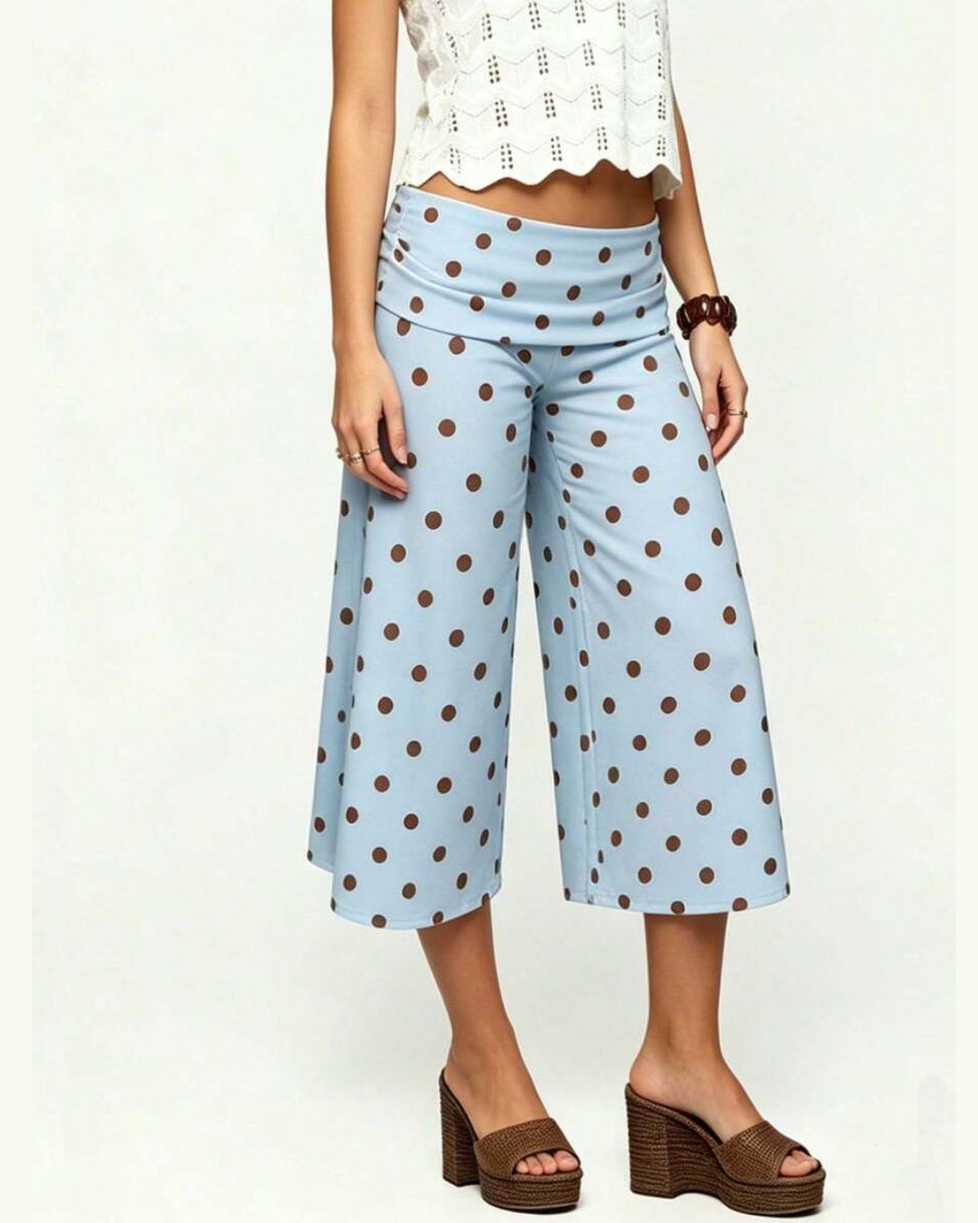 Vyla™ Coffee Polka Dot Fold-Over Waist Cropped Pants