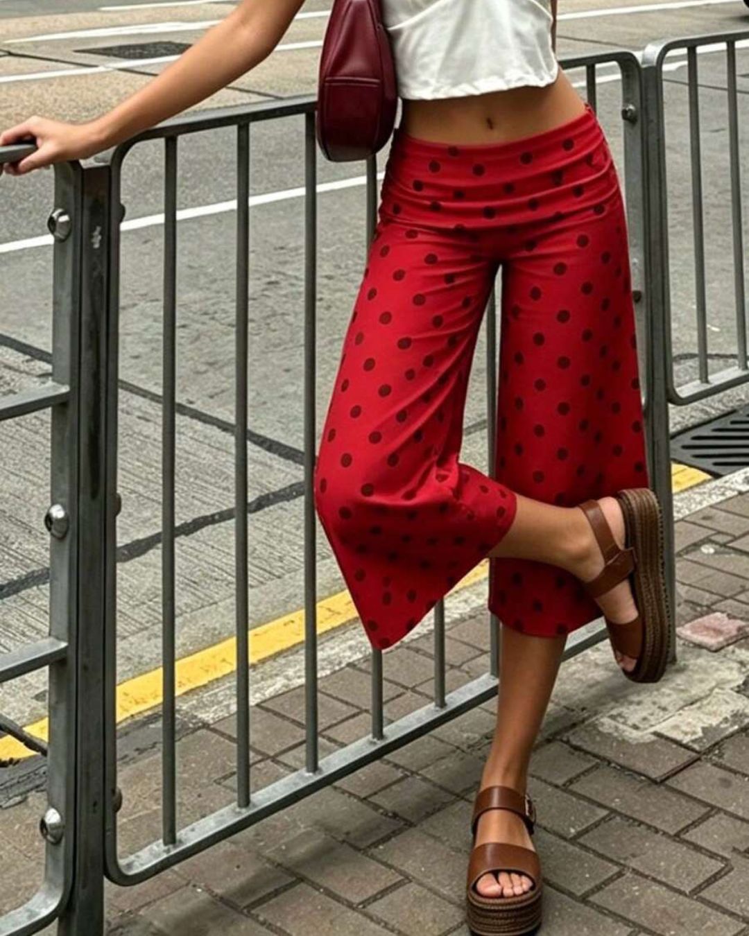 Vyla™ Coffee Polka Dot Fold-Over Waist Cropped Pants