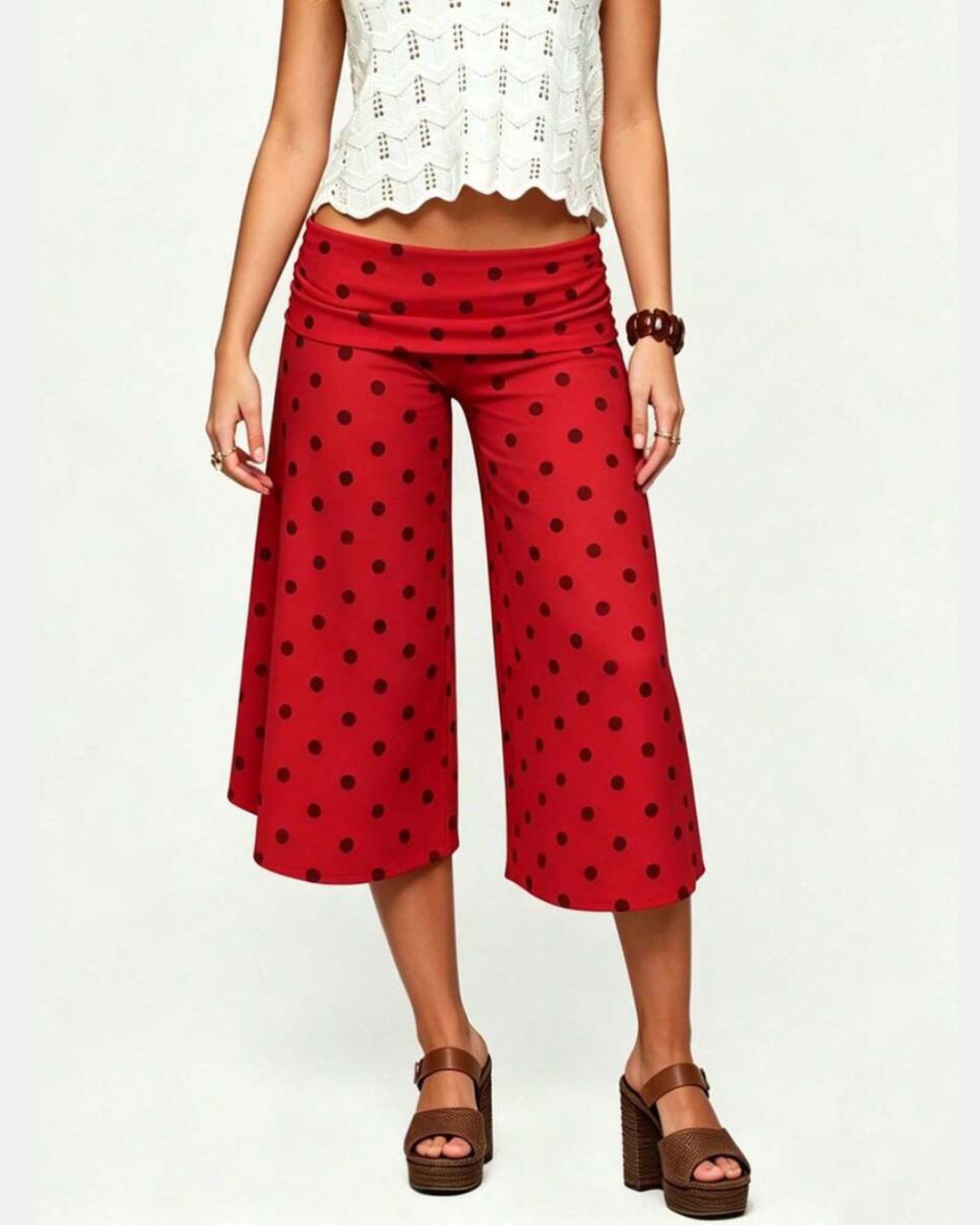 Vyla™ Coffee Polka Dot Fold-Over Waist Cropped Pants