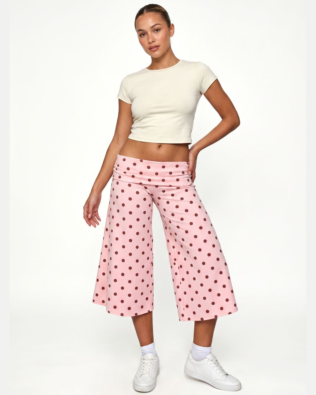 Vyla™ Coffee Polka Dot Fold-Over Waist Cropped Pants