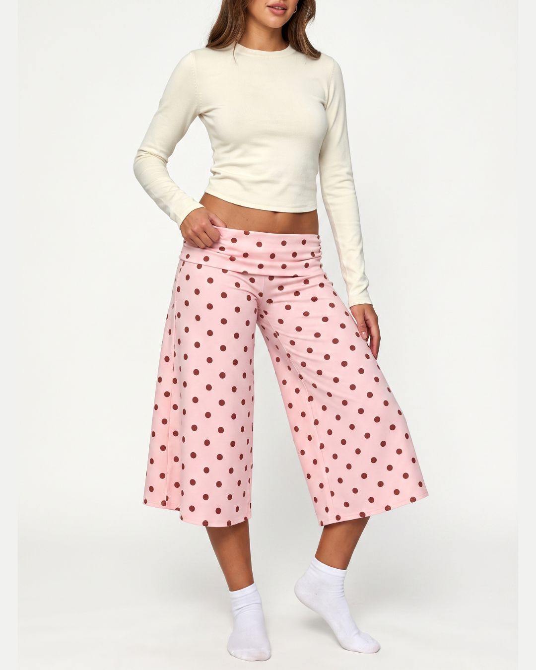 Vyla™ Coffee Polka Dot Fold-Over Waist Cropped Pants
