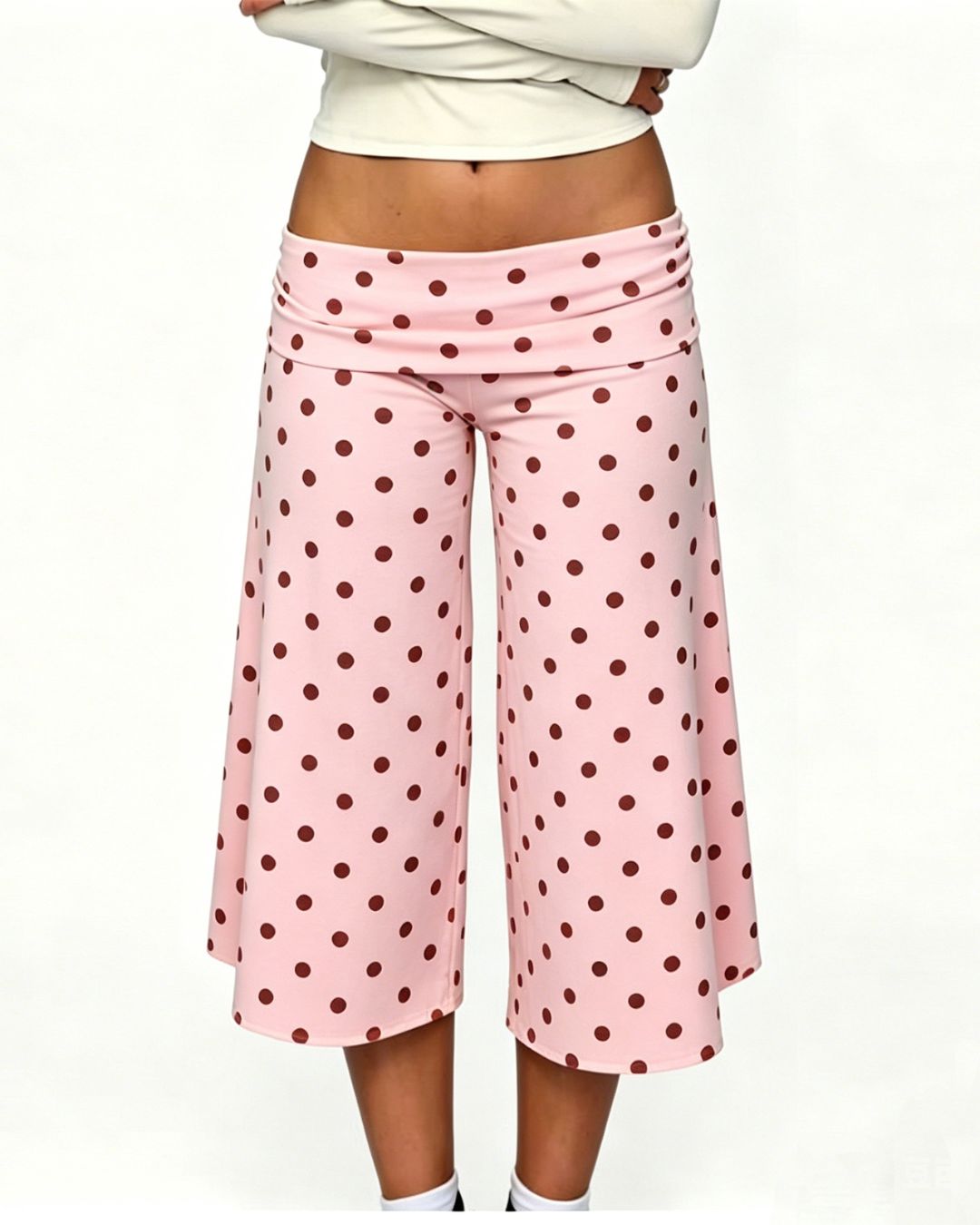 Vyla™ Coffee Polka Dot Fold-Over Waist Cropped Pants