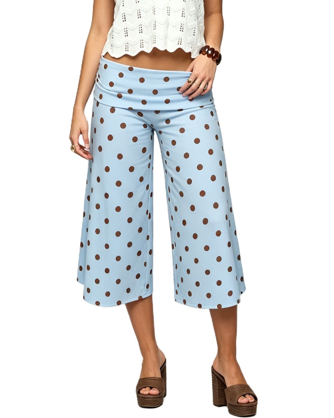 Vyla™ Coffee Polka Dot Fold-Over Waist Cropped Pants