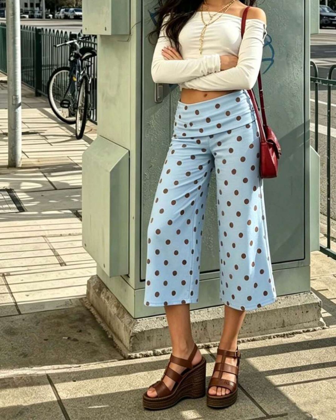 Vyla™ Coffee Polka Dot Fold-Over Waist Cropped Pants