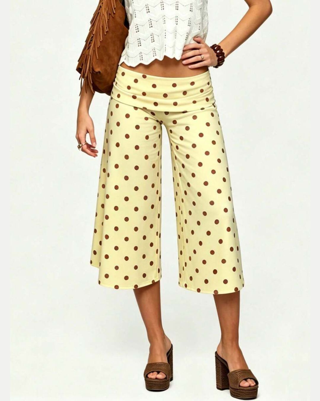 Vyla™ Coffee Polka Dot Fold-Over Waist Cropped Pants