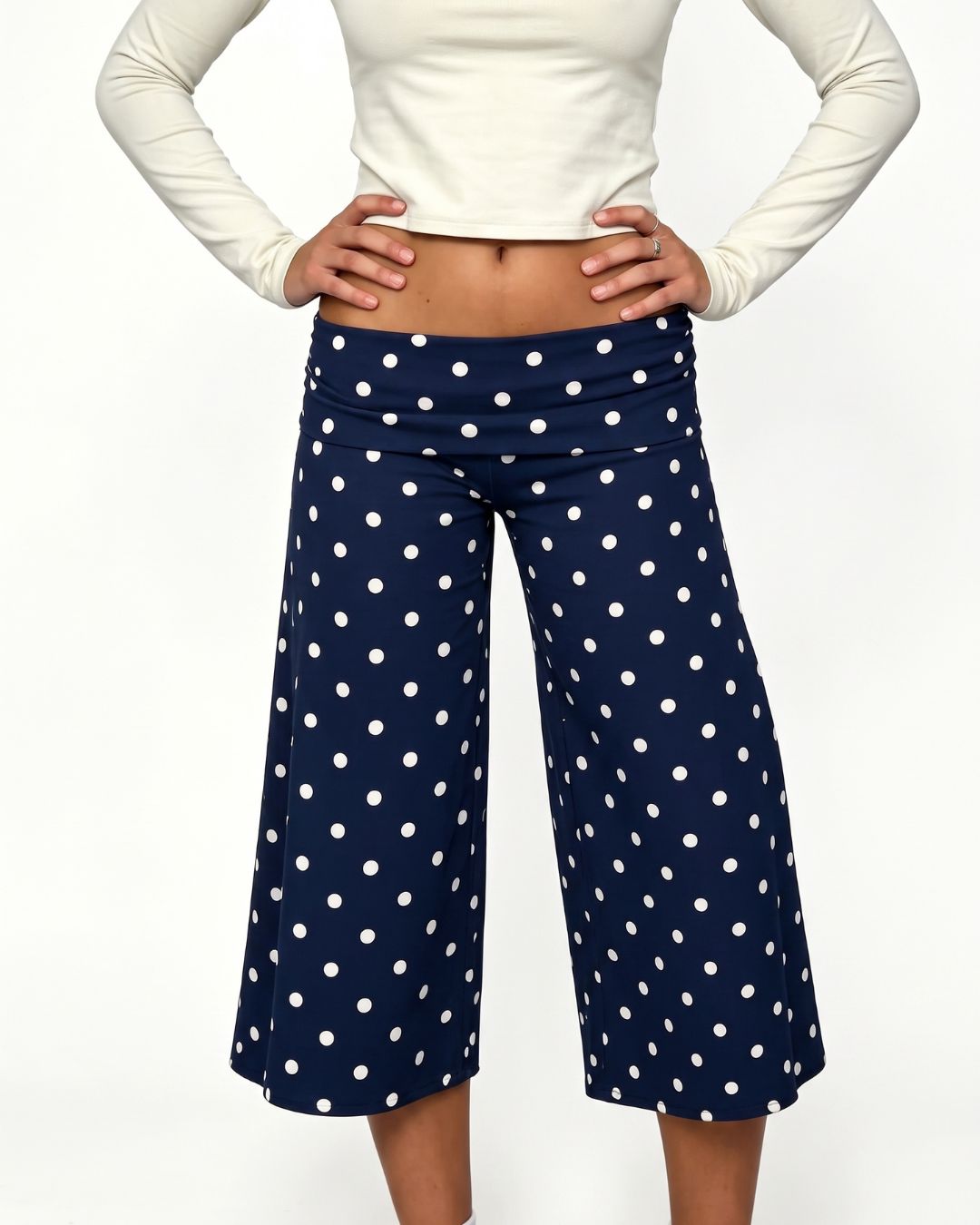 Vyla™ White Polka Dot Fold-Over Waist Cropped Pants