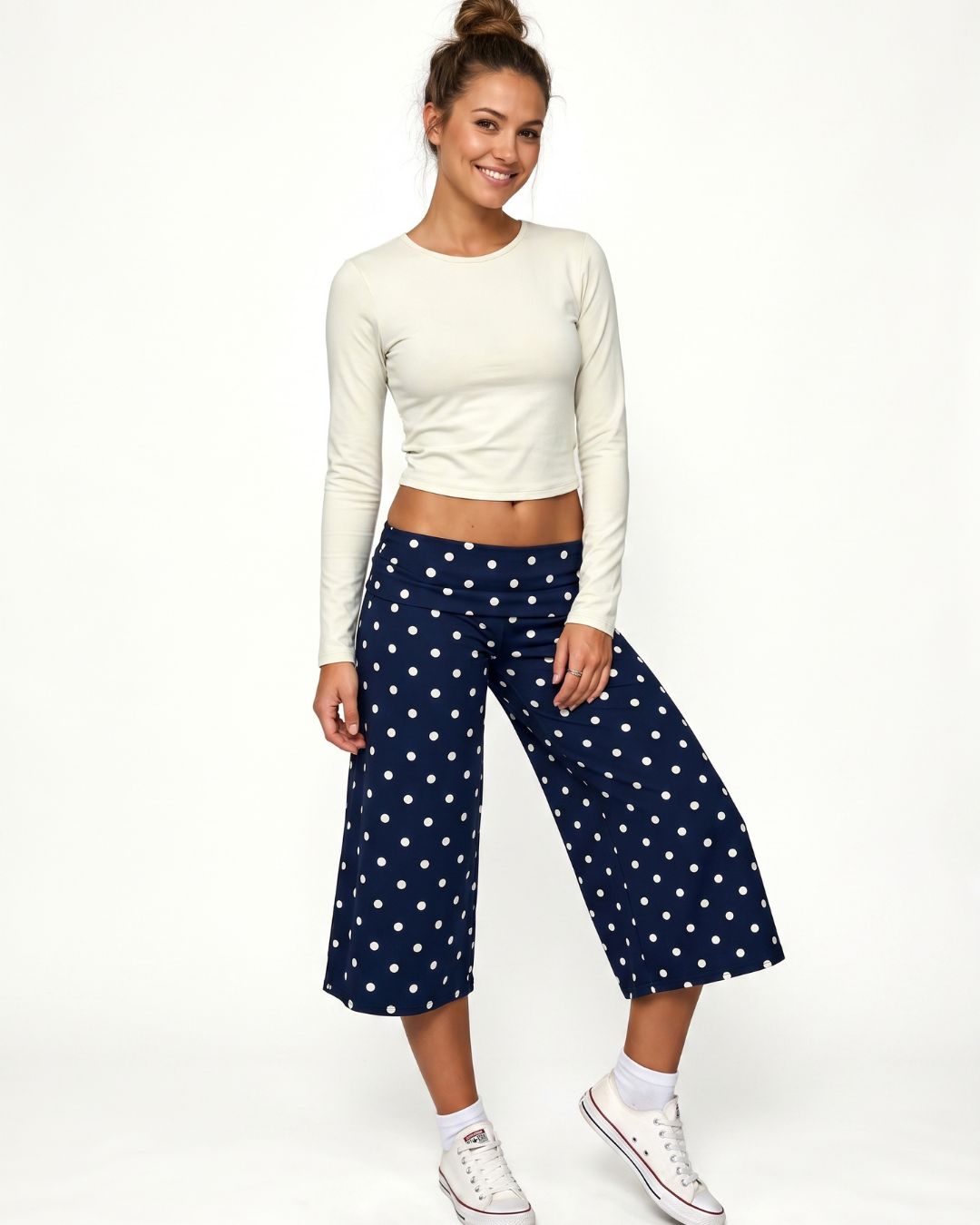 Vyla™ White Polka Dot Fold-Over Waist Cropped Pants